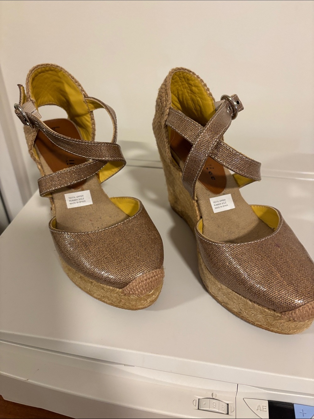 bettye muller Metallic Taupe Espadrille Wedge Sandals with Yellow Lining
